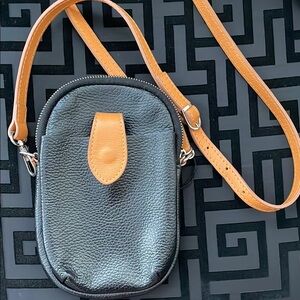 Black Pebbled Crossbody with Tan Strap